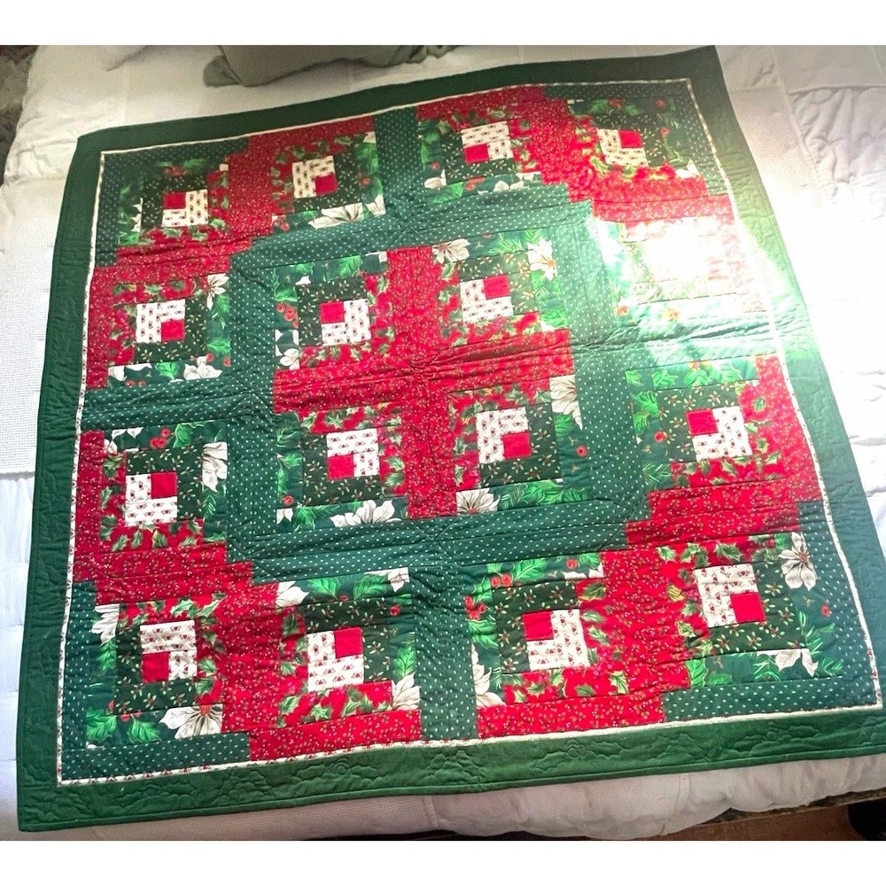 Christmas Patchwork Quilted Square Quilt, Red Green White, 47x47in-Beautiful